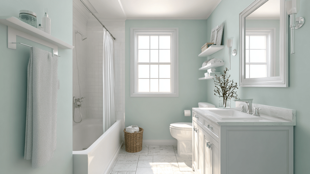 mint green north facing bathroom