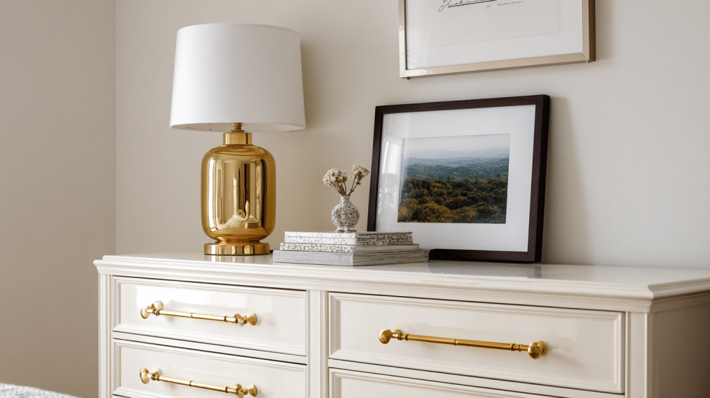 Brass Hardware And Polished Decor Accents In Bedroom