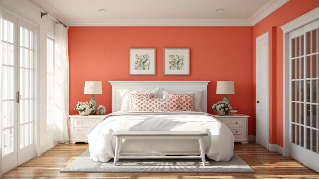 Coral Or Kelly Green Accent Wall With White Trim