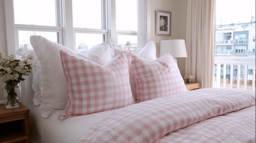 Gingham Pillows With White Bedding In Preppy Room