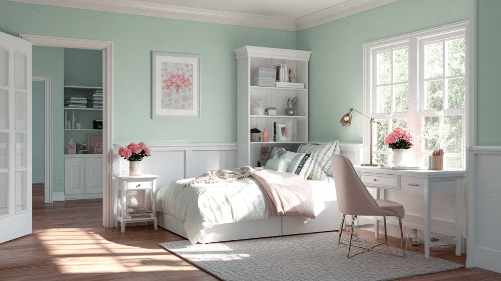 Mint Green Accent Wall With White Furniture