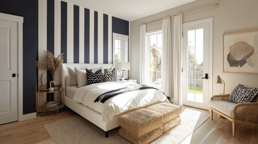 Navy And White Striped Bedroom Accent Wall
