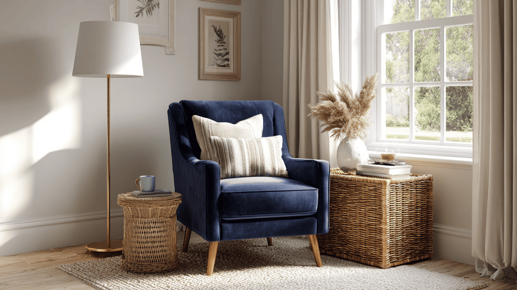 Navy Armchair And White Floor Lamp Reading Nook