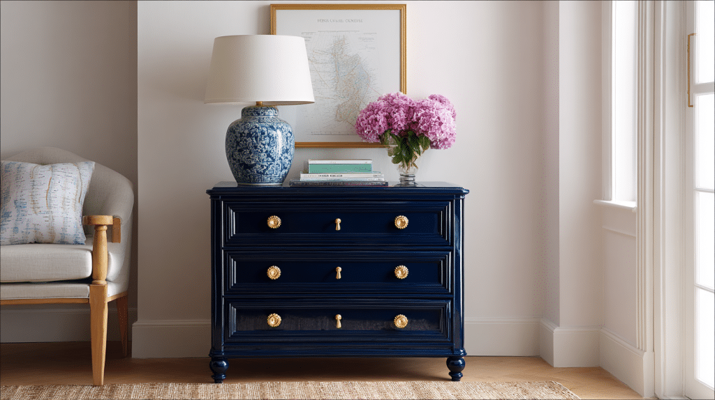 Navy Lacquer Dresser In Preppy Bedroom