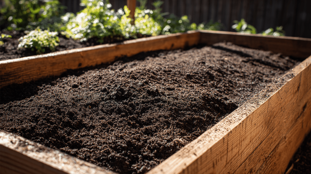 Outdoor raised garden bed fully prepared and water