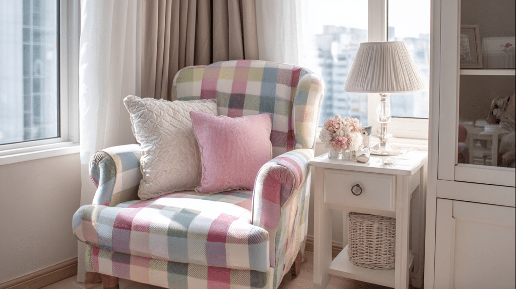 Pastel Checkerboard Upholstered Chair In Bedroom