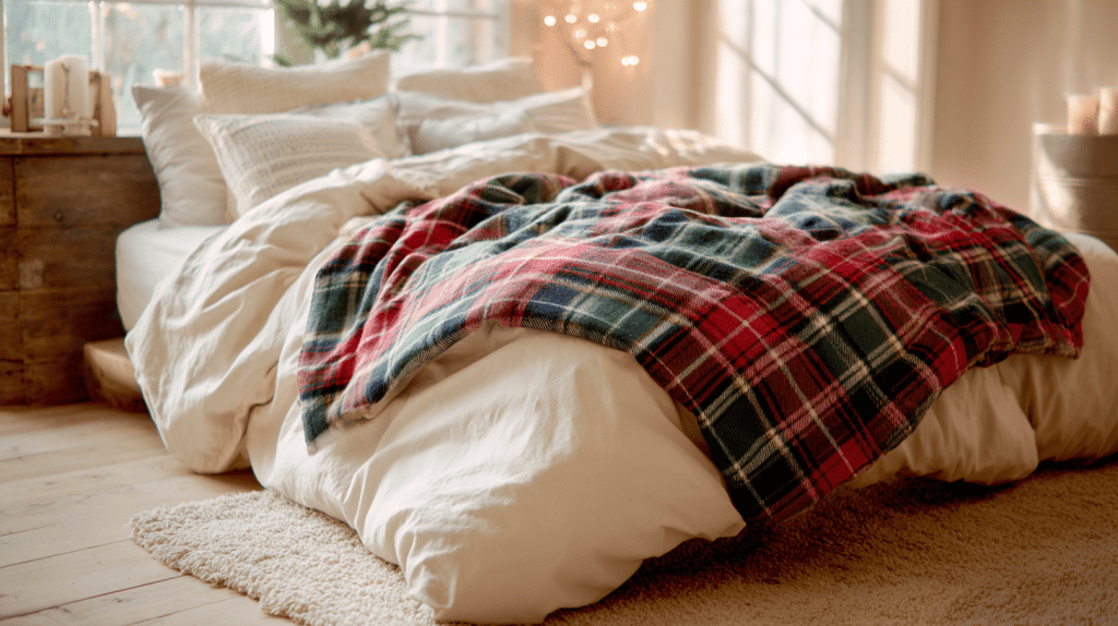 Plaid Blanket Folded At Foot Of Preppy Bed