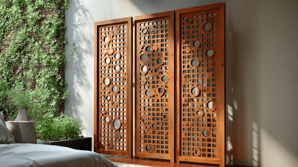 Slatted Screen or Decorative Room Divider Against Wall