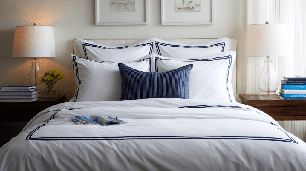 White Bedding With Navy Trim In Preppy Bedroom